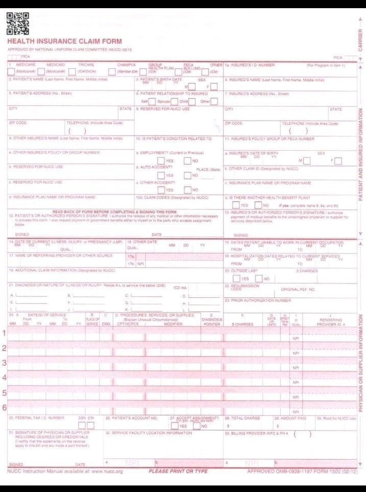 CMS 1500 HCFA Health Insurance Claim Forms (Version 02/12) 500 Forms