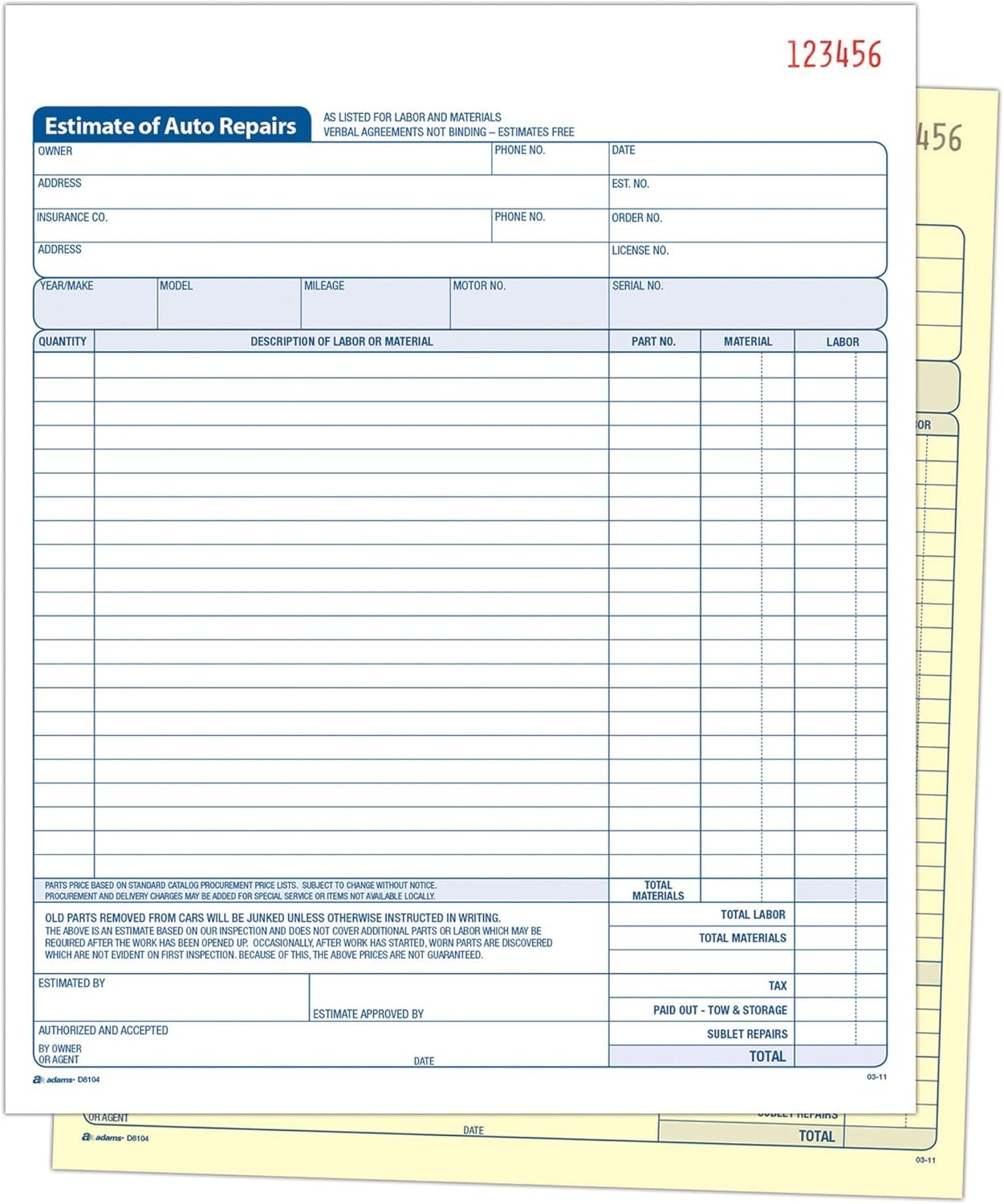Auto Repair Estimate Book, 2-Part, Carbonless, White/Canary, 8-3/8 X 10-11/16 In