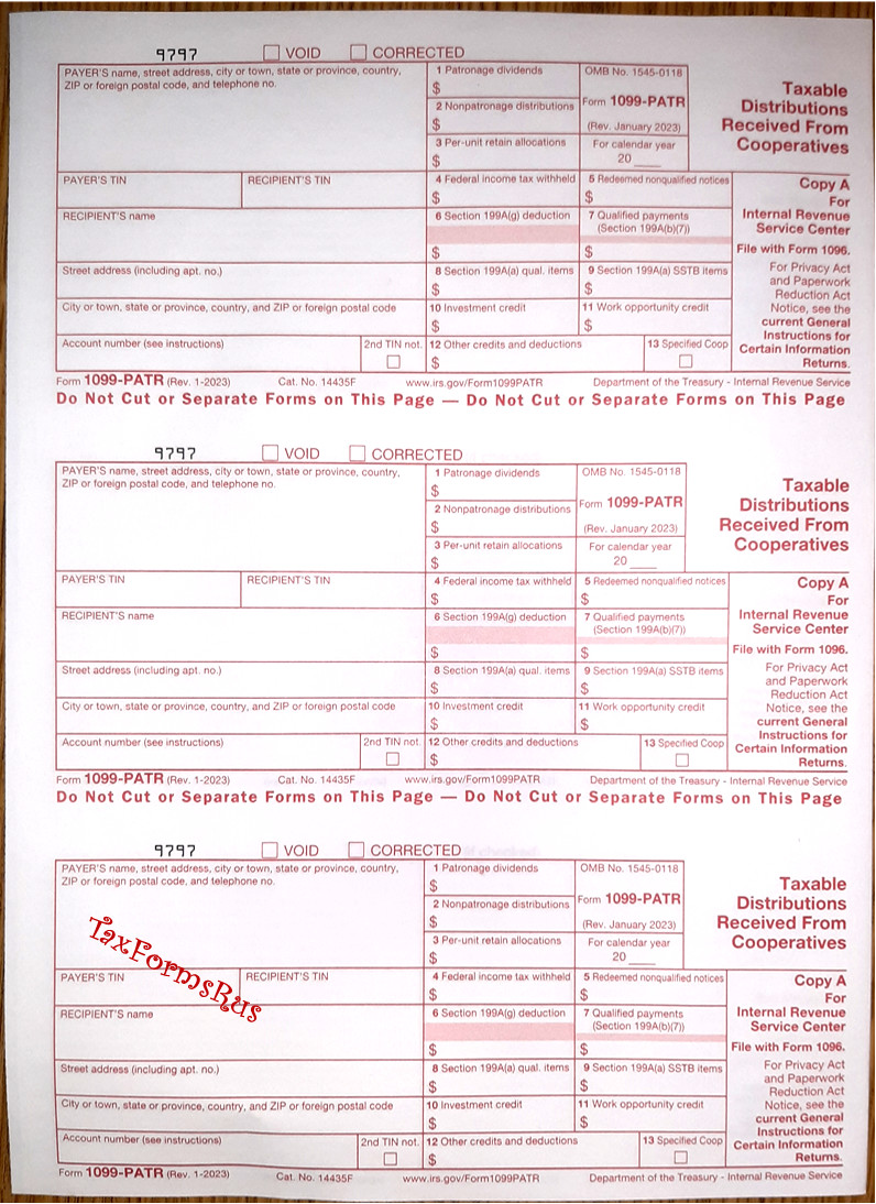 Official IRS Tax Form 1099-PATR single sheet set 3 recipients, NONCarbonless 3pt