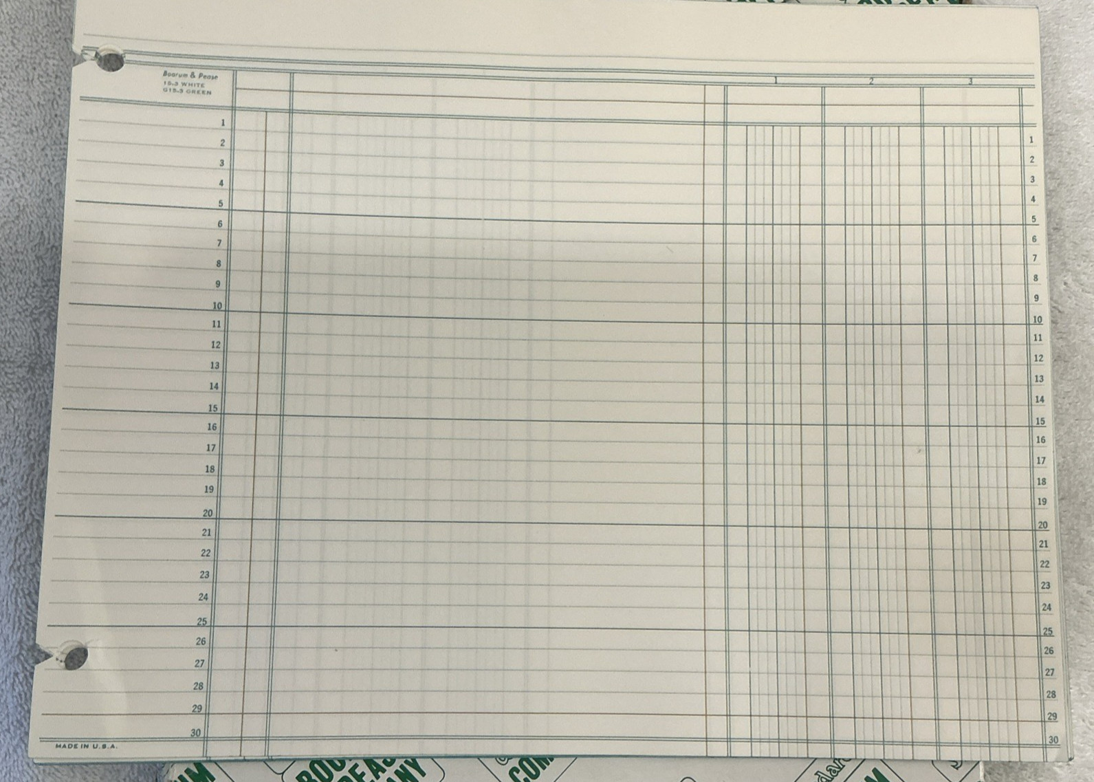 100 Boorum & Pease Green Columnar Ledger Sheets 9 1/4”h x 11 7/8″w NOS Vintage