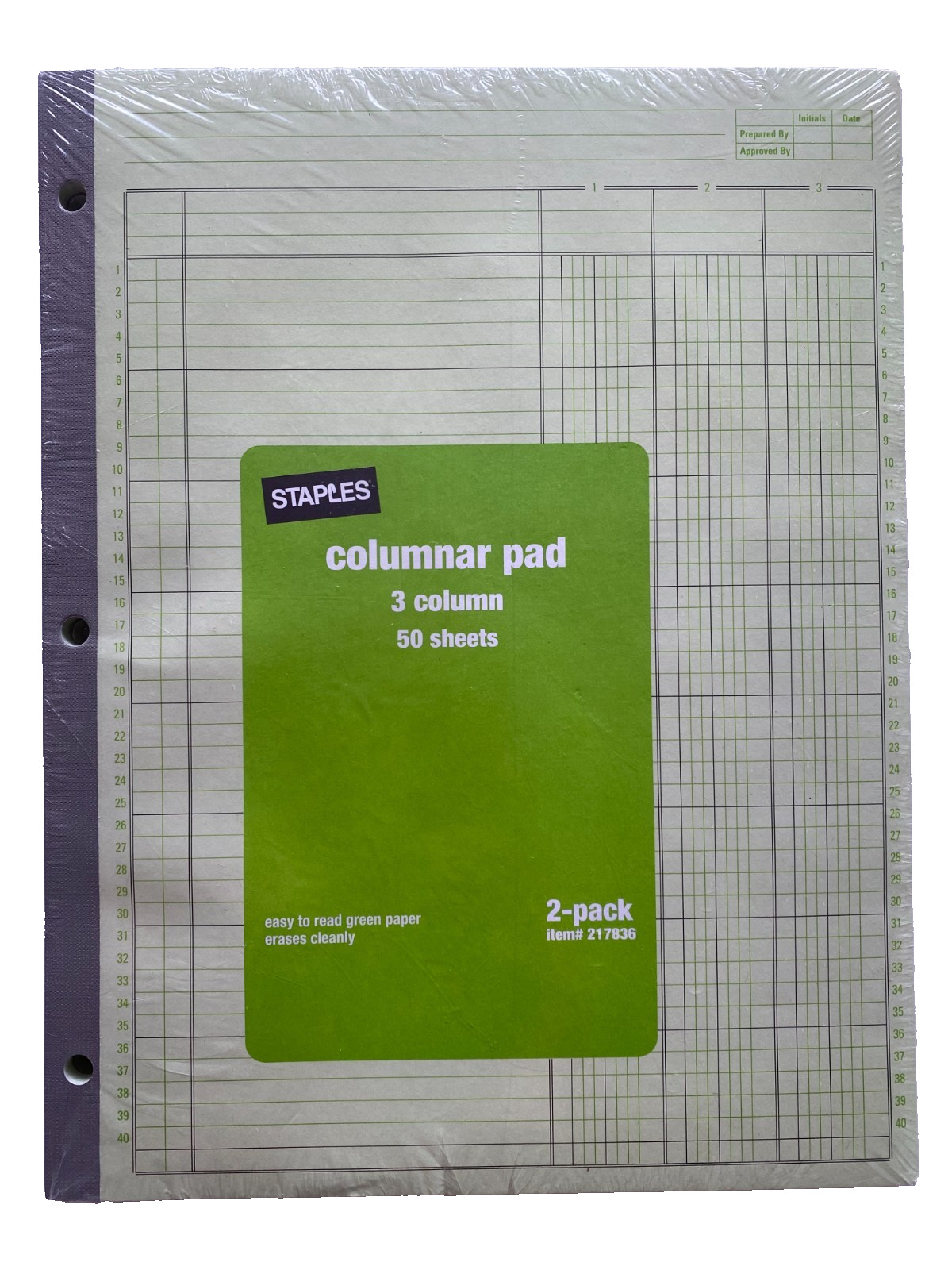 Staples Columnar Pad 3 Column 50 Sheets 2-Pack Green Paper Model 217836