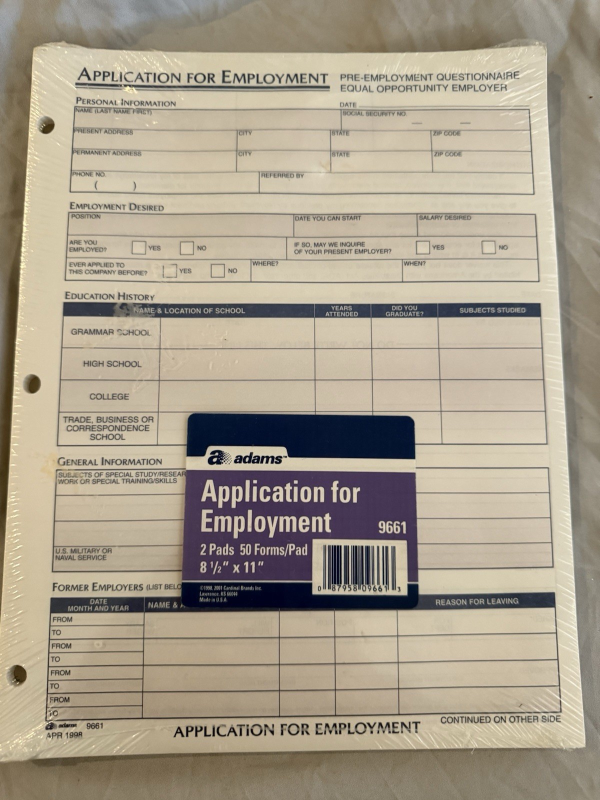 Adams Applications for Employment 8.5 x 11 Inch 3 Hole Pre Punch