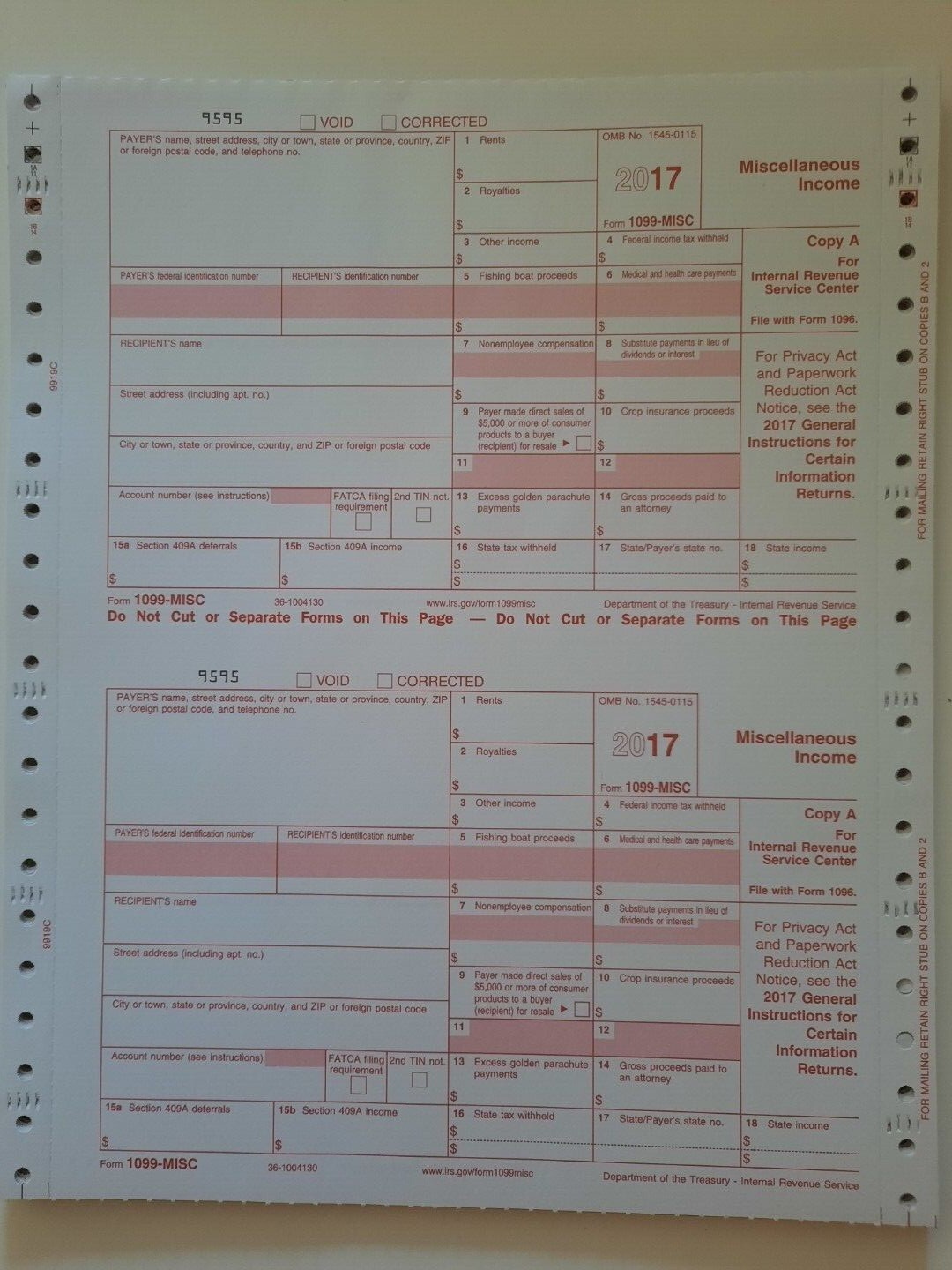 2017 1099-MISC Continuous Income Tax Forms 14 forms 5-part sets & 1 1096 form
