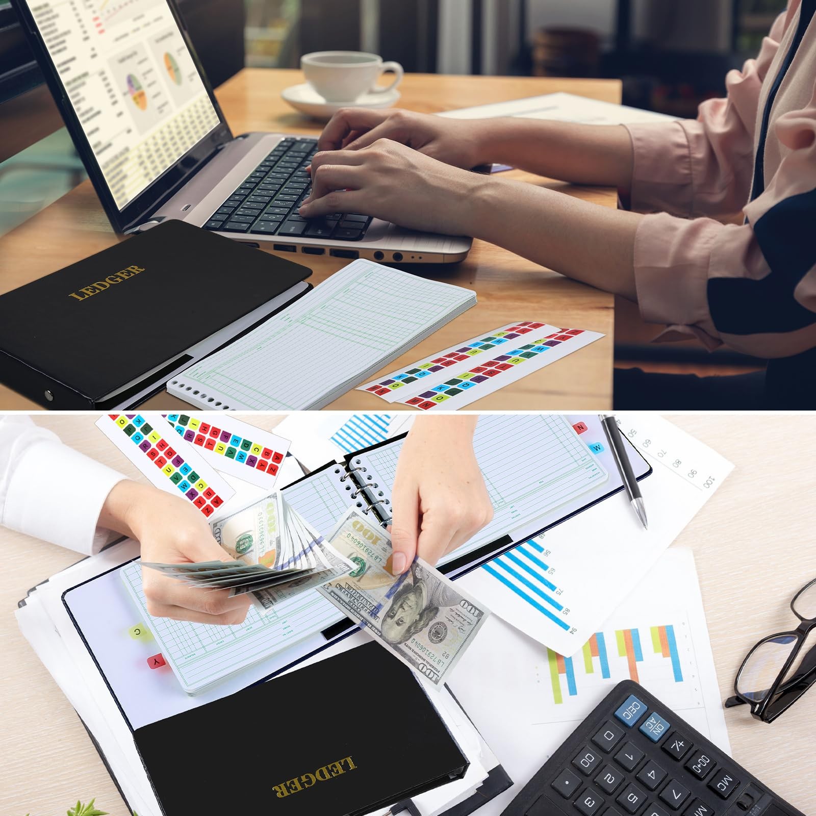 Ledger Binder with 200 Pages & Small Index Tabs for Bookkeeping Black Cover