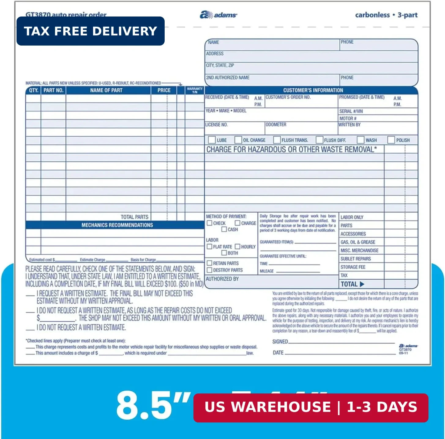 Adams Auto Repair Order Forms, 8.5 X 7.44, 3-Part, Carbonless, 50-Pack (GT3870)