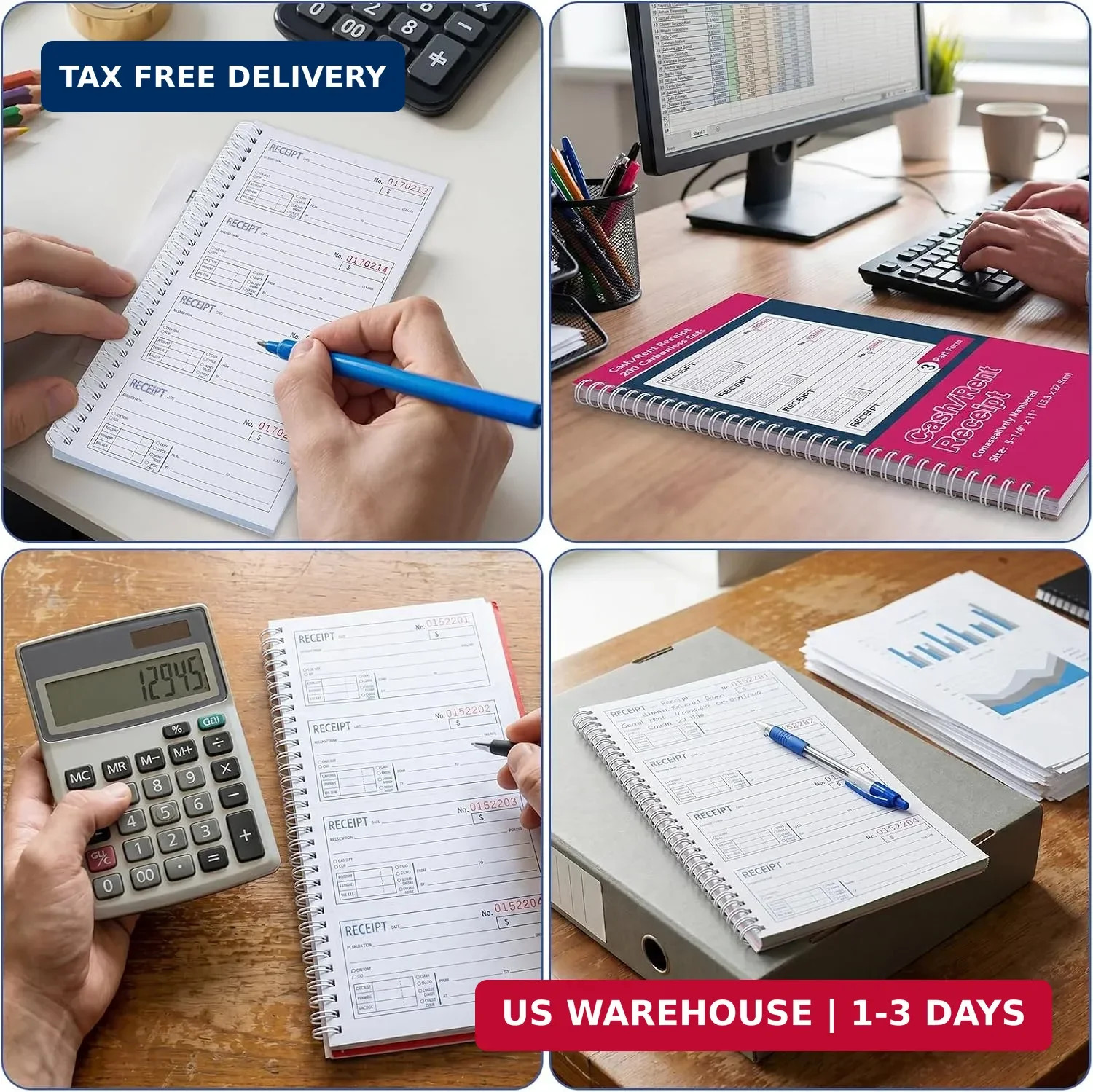10 Pack Receipt Books with Carbon Copies, Rent Receipt Book, 3-Part Carbonless,