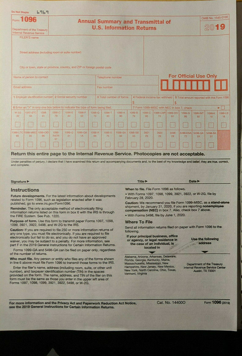 20 Pack Tax Form 1096 Annual Summary & Transmittal Use with 1099-MISC Year 2019