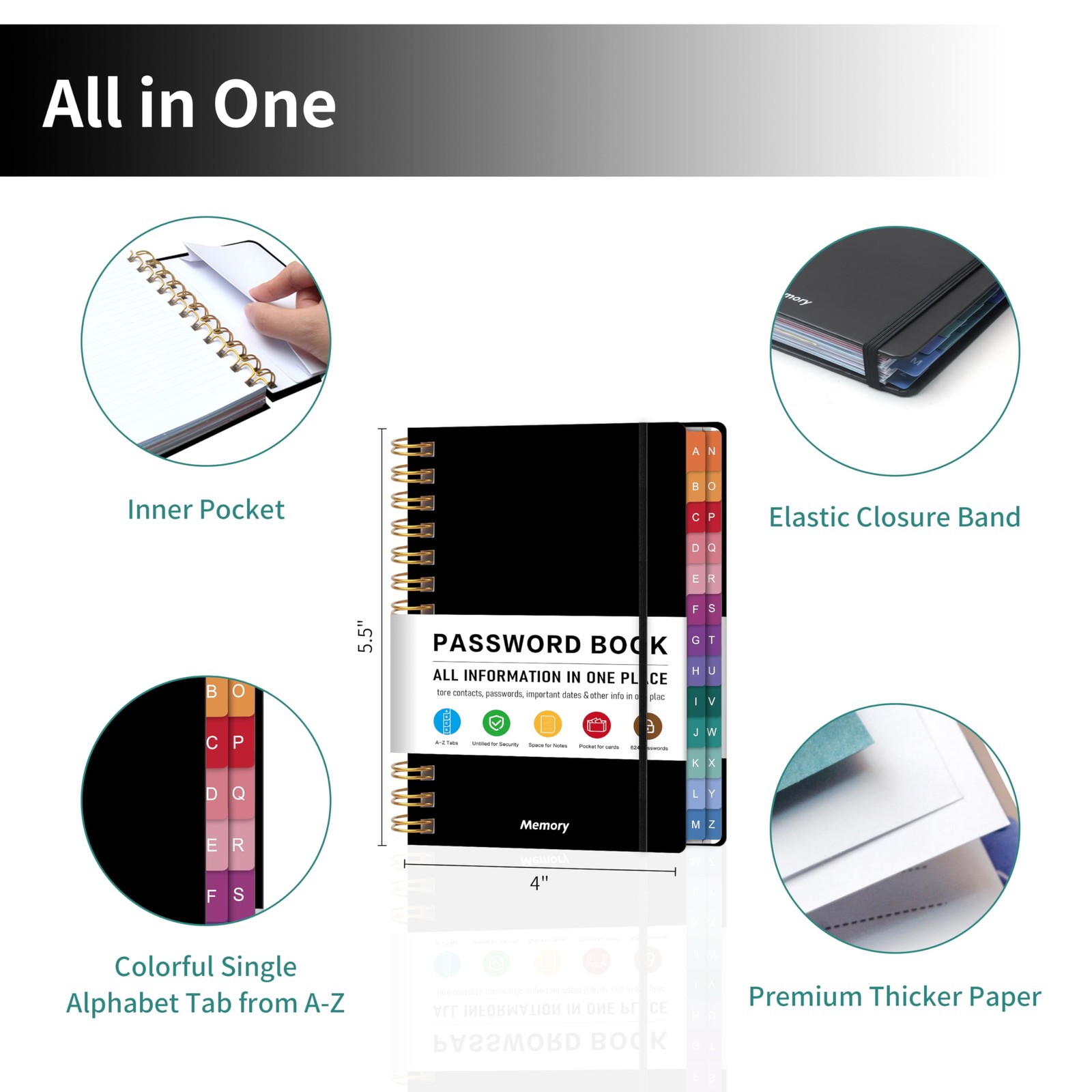 TREES Spiral Password Book with Alphabetical Tabs & A6 （4″ X 5.5″）, Black
