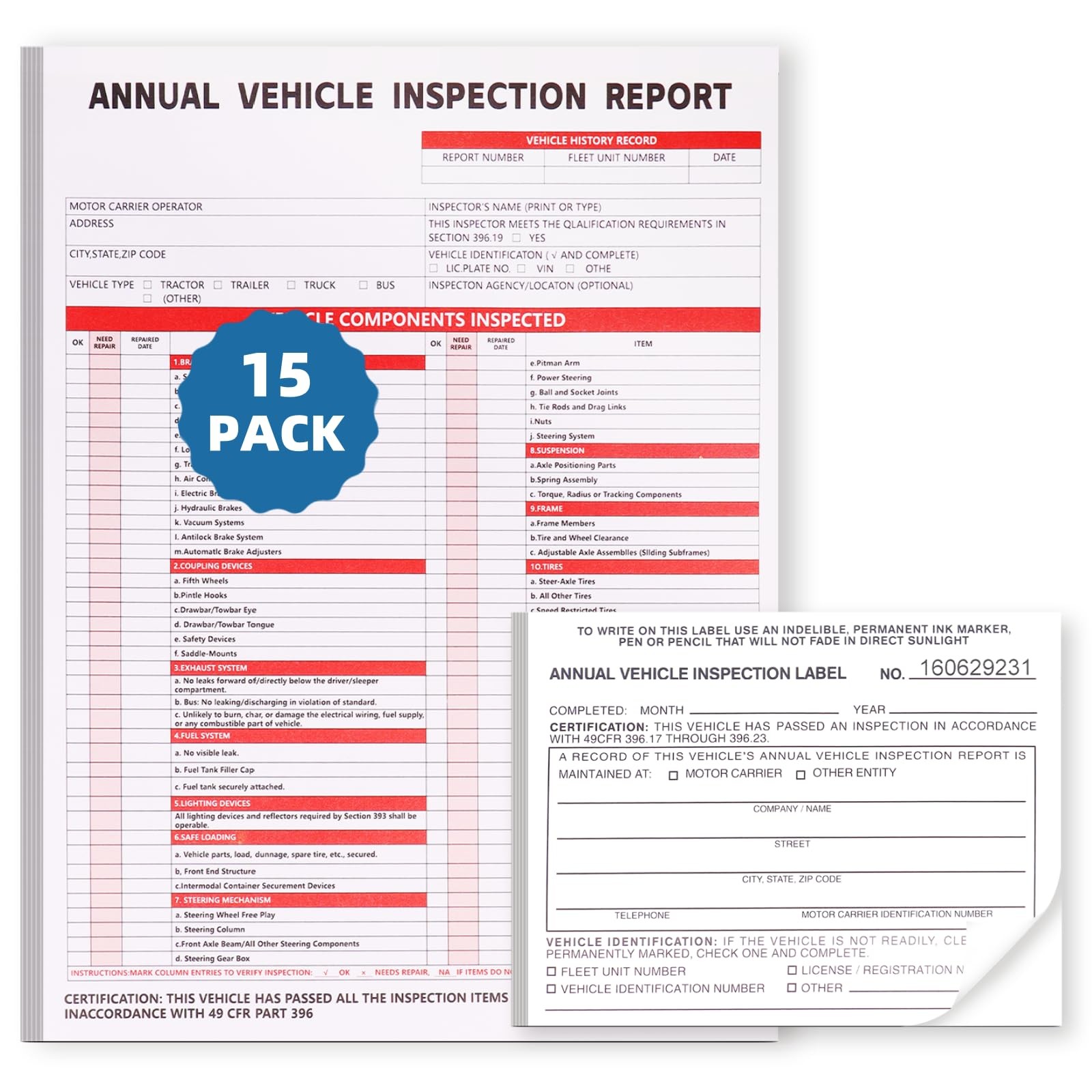 15 Pack 3 Ply Annual Vehicle Inspection Report with Hardboard Clipboard