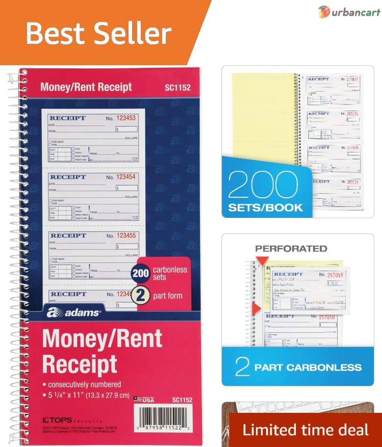 Professional 2-Part Carbonless Rent & Receipt Book — Spiral Bound, 4 Receipts…