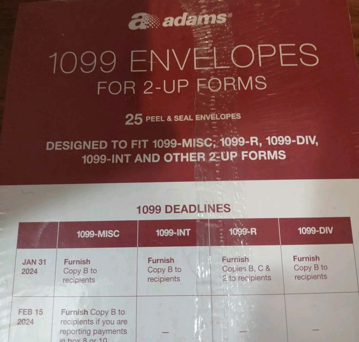 50 SEALED ADAMS 1099-INT-MISC-R-DIV-INT-OTHER 2-UP FORMS PEEL AND SEAL ENVELOPES
