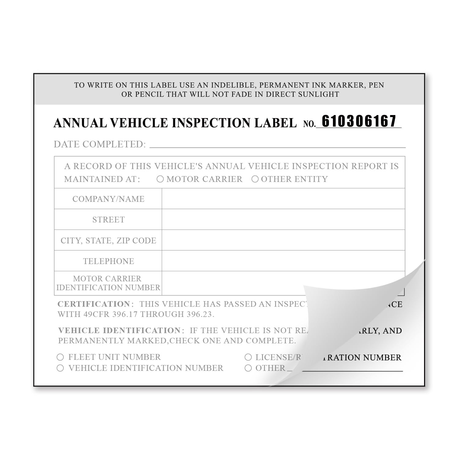Annual Vehicle Inspection Label 50-Pack Interior Vehicle Inspection 2-Ply Sti…