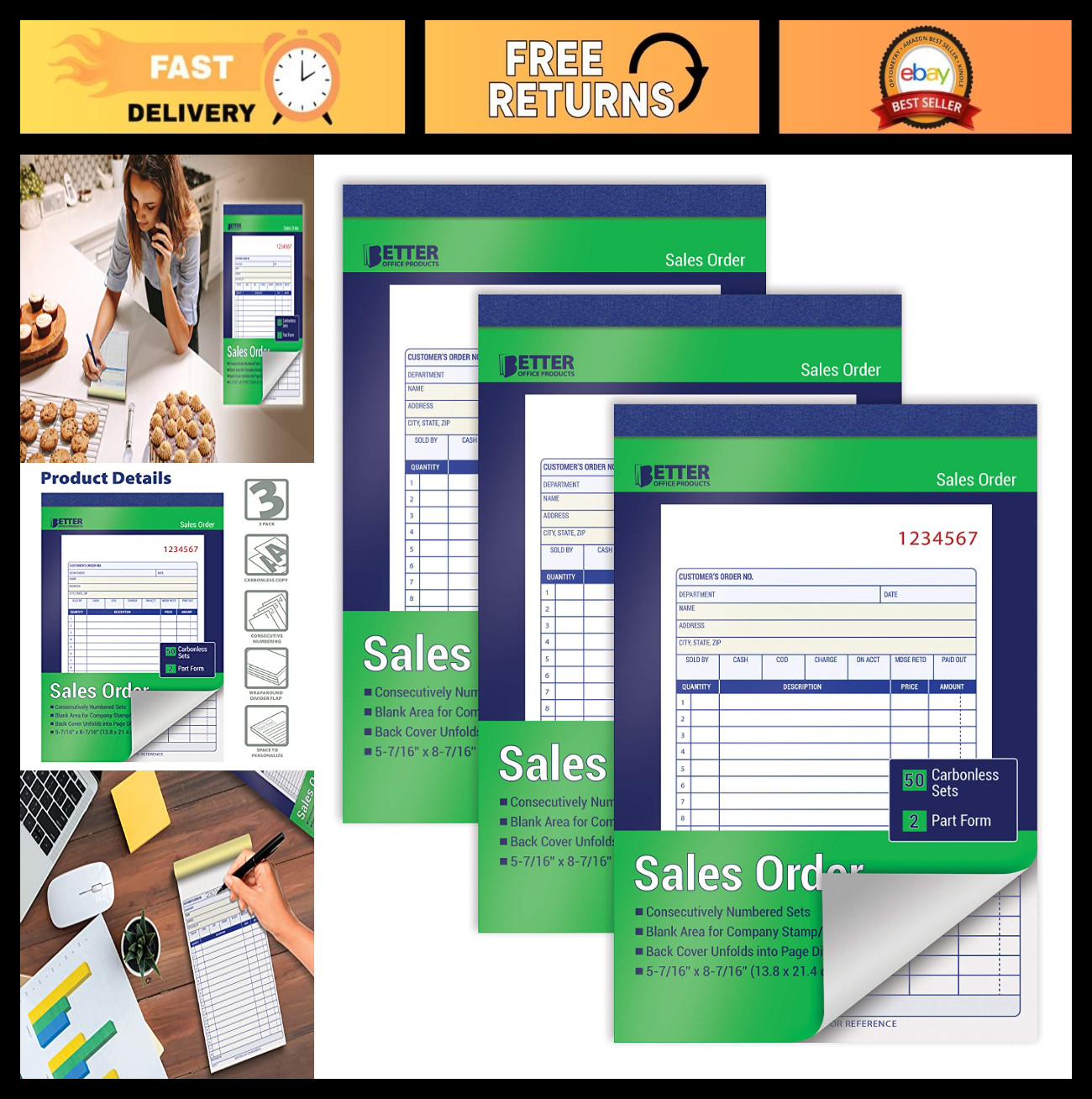 Large Carbonless Sales Order Books – 3 Pack, 2-Part, 150 Sets, 5.5″x8.5