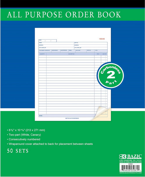 Carbonless Order Book 2-Part Duplicate 50 Sets 8-3/8 x 10-11/16 Invoice Forms