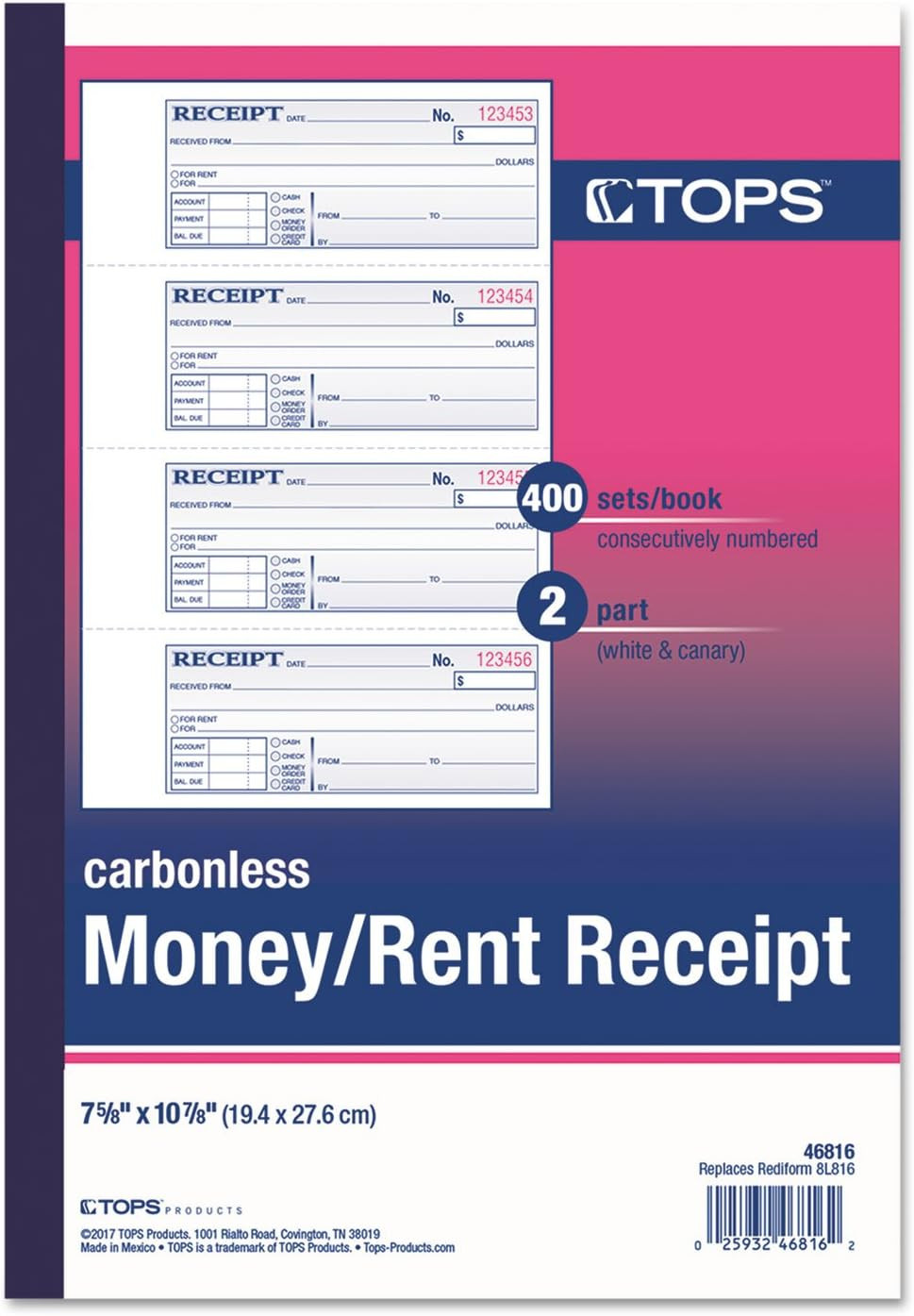 Money Receipt Book, 2-Part, Carbonless, 2-3/4 X 7-1/8 Inches, 4 Receipts per Pag