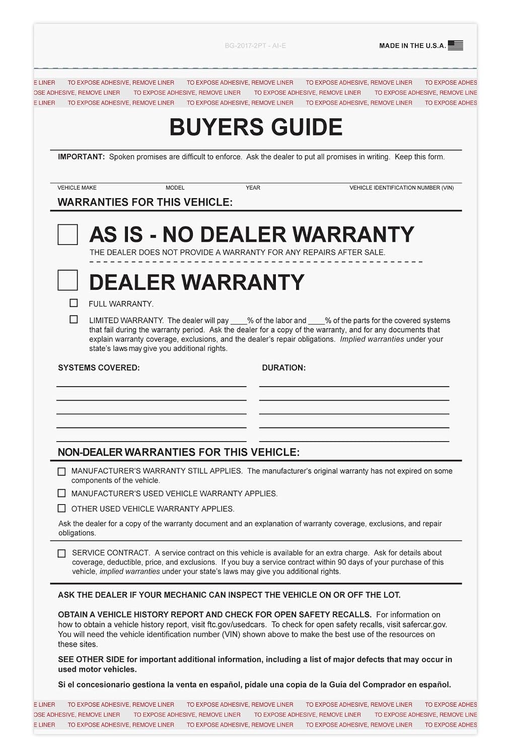 2-part Buyers Guide Form – Adhesive Tape – English – As Is – Warranty (100 Per