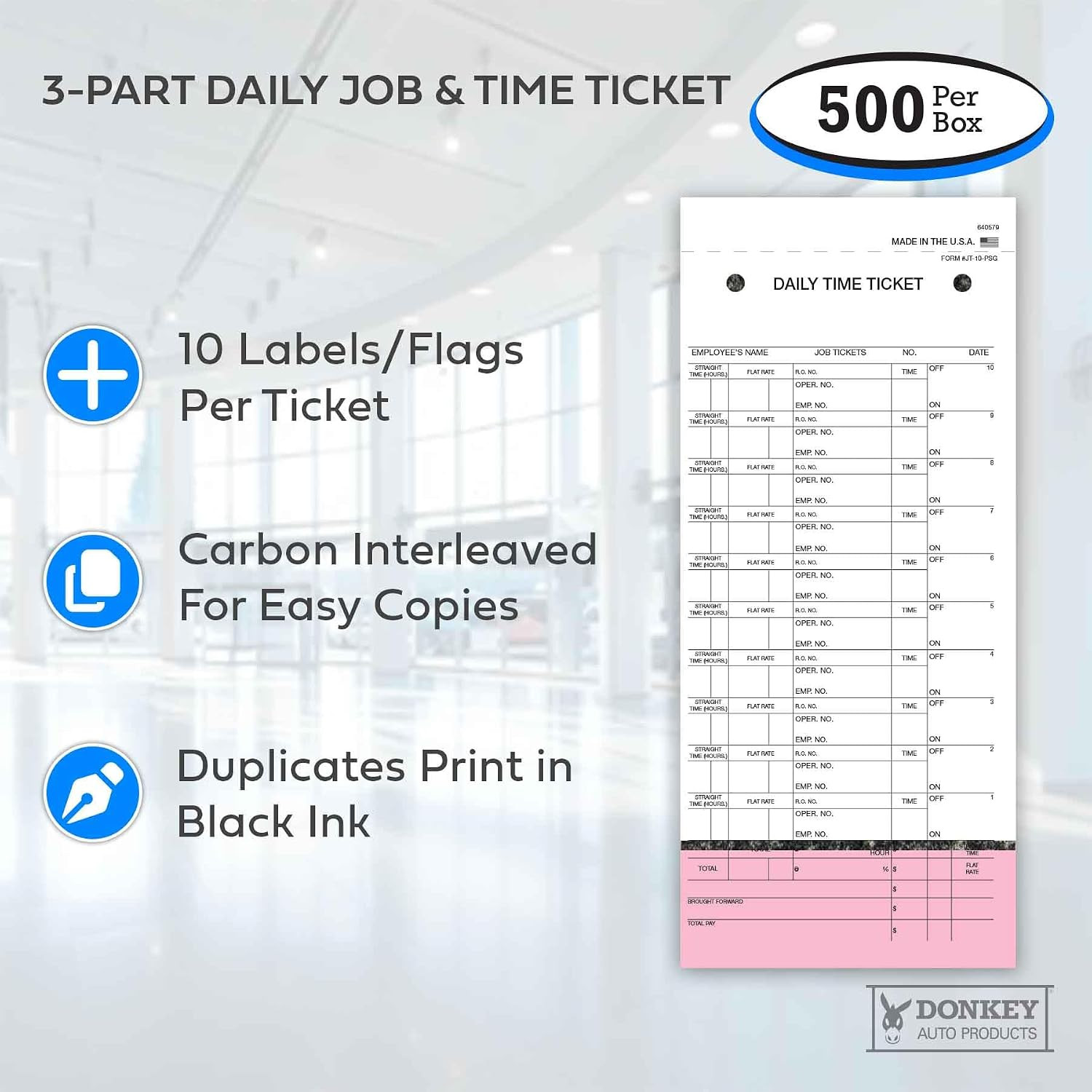 Daily Time and Job Ticket – 10 Labels per Sheet (3-Part) (Form JT-10-PSG) (500 p
