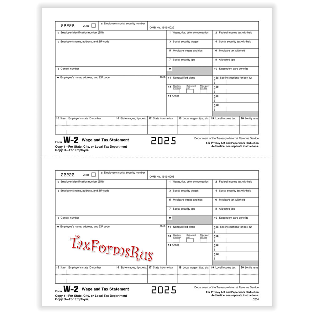 2025 IRS Tax Form W-2 Wage Stmts LASER single sheet set for 2 employees, 6-part