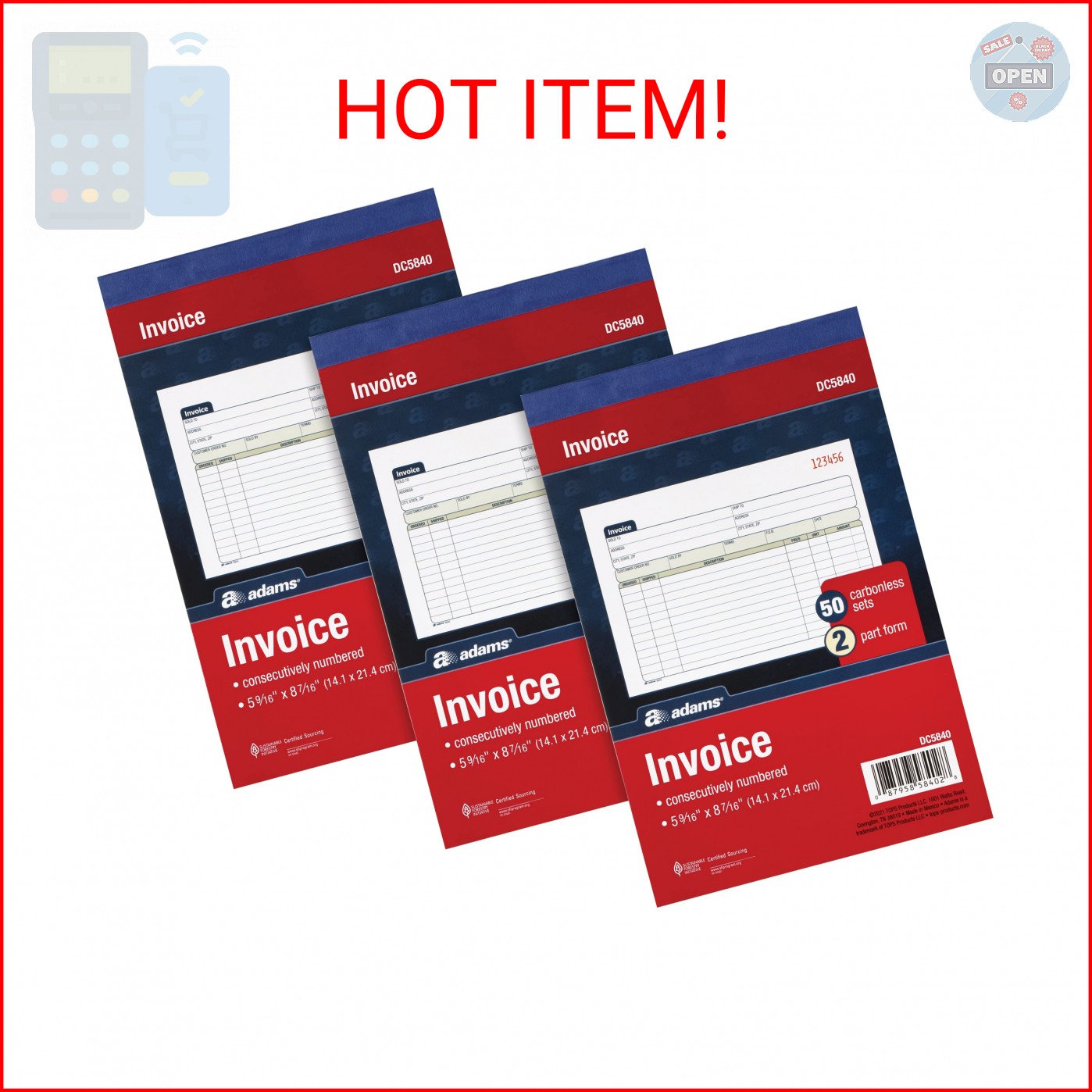 Adams Invoice Book 3 Pack, 2 Part Carbonless Invoices, Horizontal Sales Slip, 5-