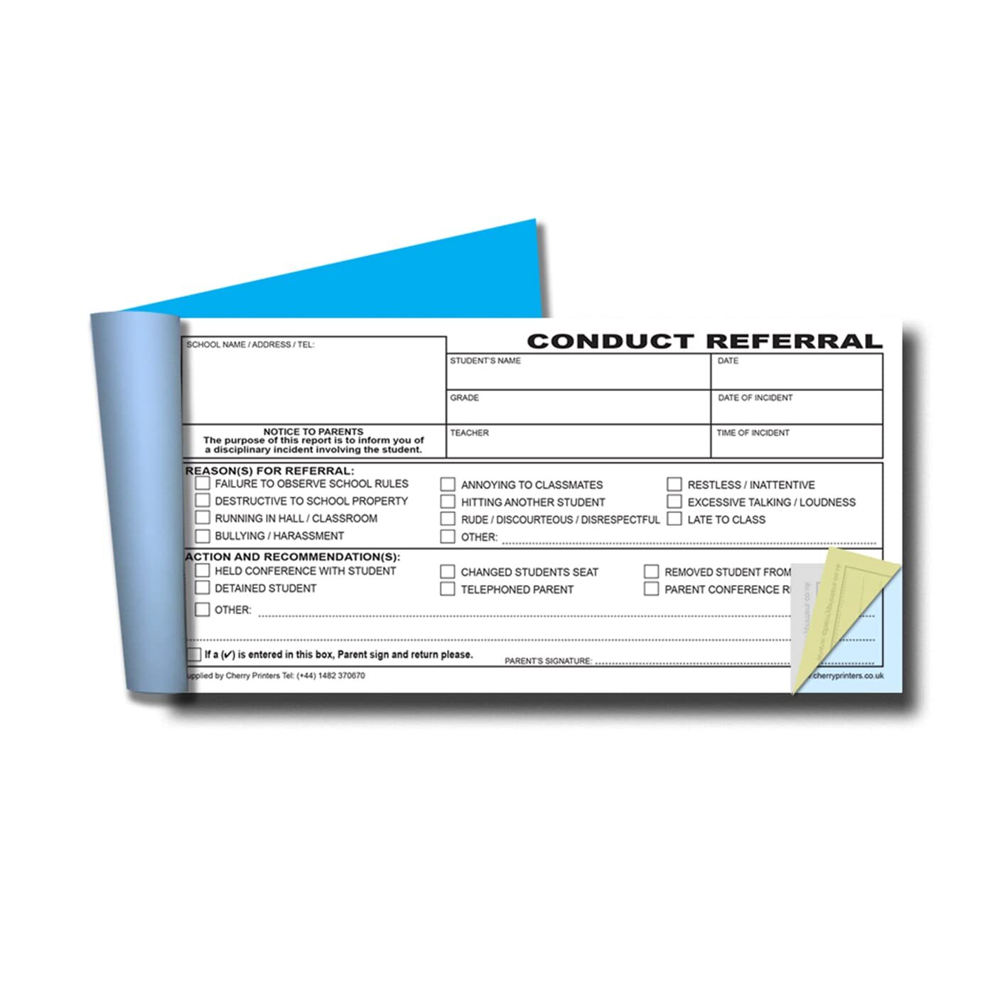 Cherry Conduct Referral Slips for Schools 3pt 8.3 inches x 3.9 inches 50 Trip…