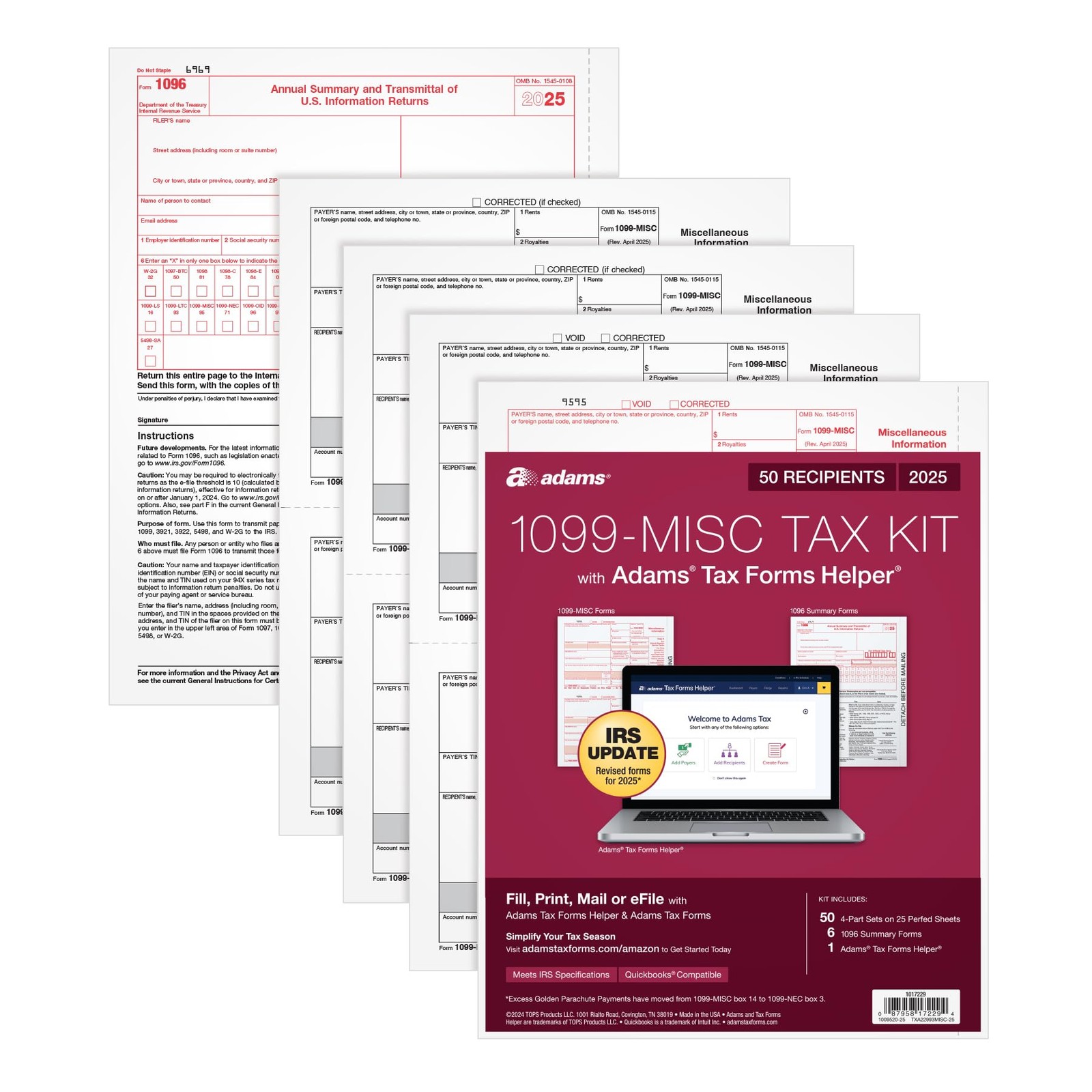 Adams 1099 MISC Forms 2025, 4-Part Kit for 50 Recipients, Includes 6 1096…