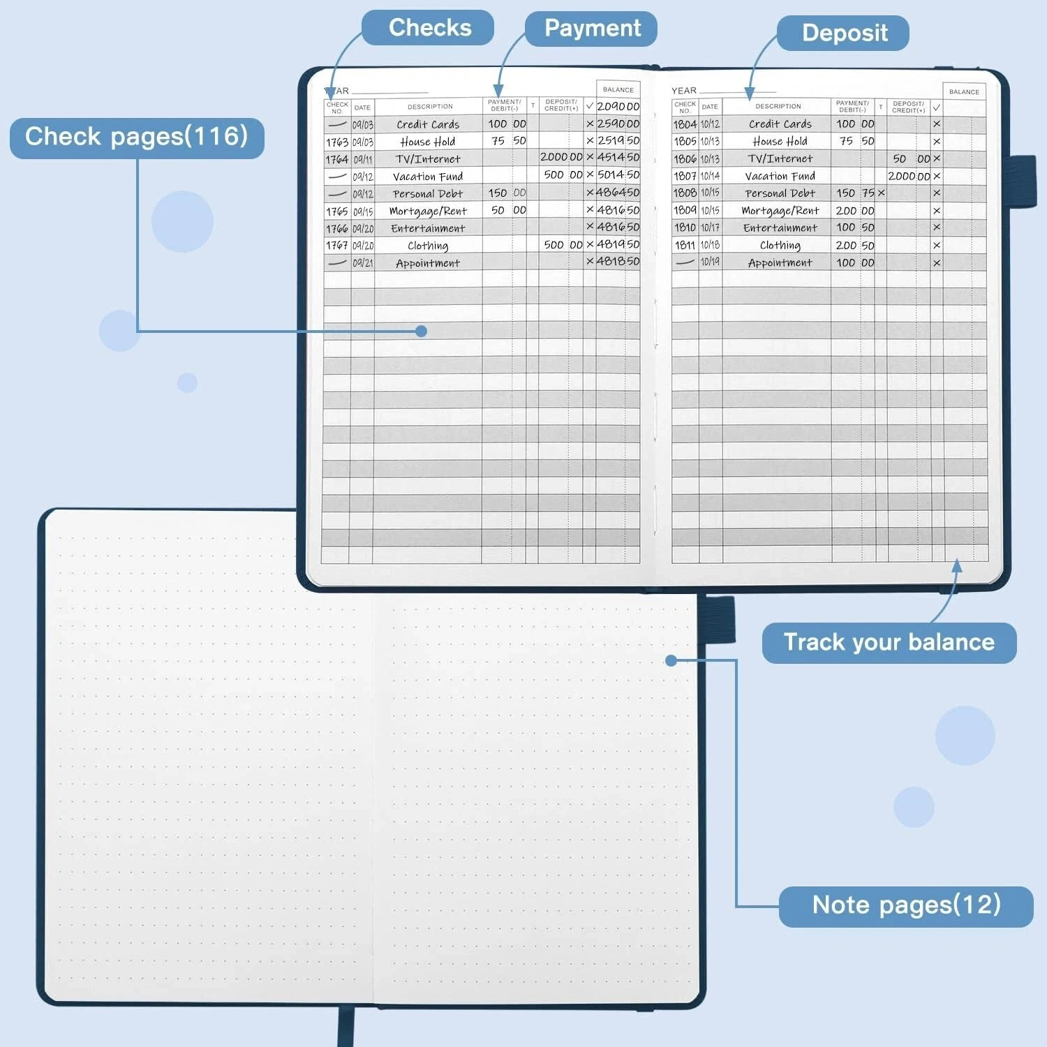 A5 Check Registers for Personal Checkbook, Ledger Transaction Registers Log B.