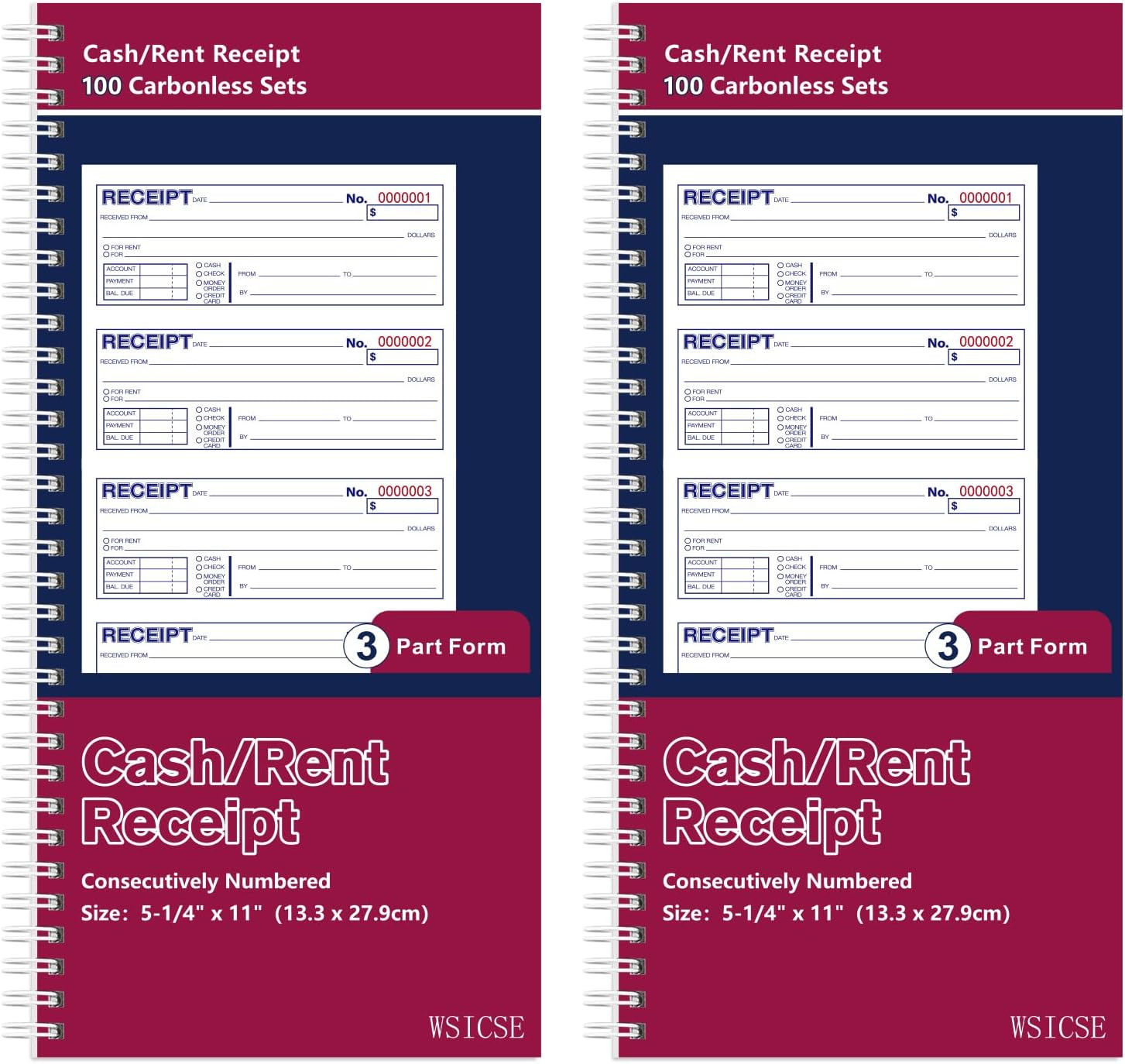 2 Pack Receipt Books with Carbon Copies, 3-Part Carbonless | 5.24″ X 11, , 100