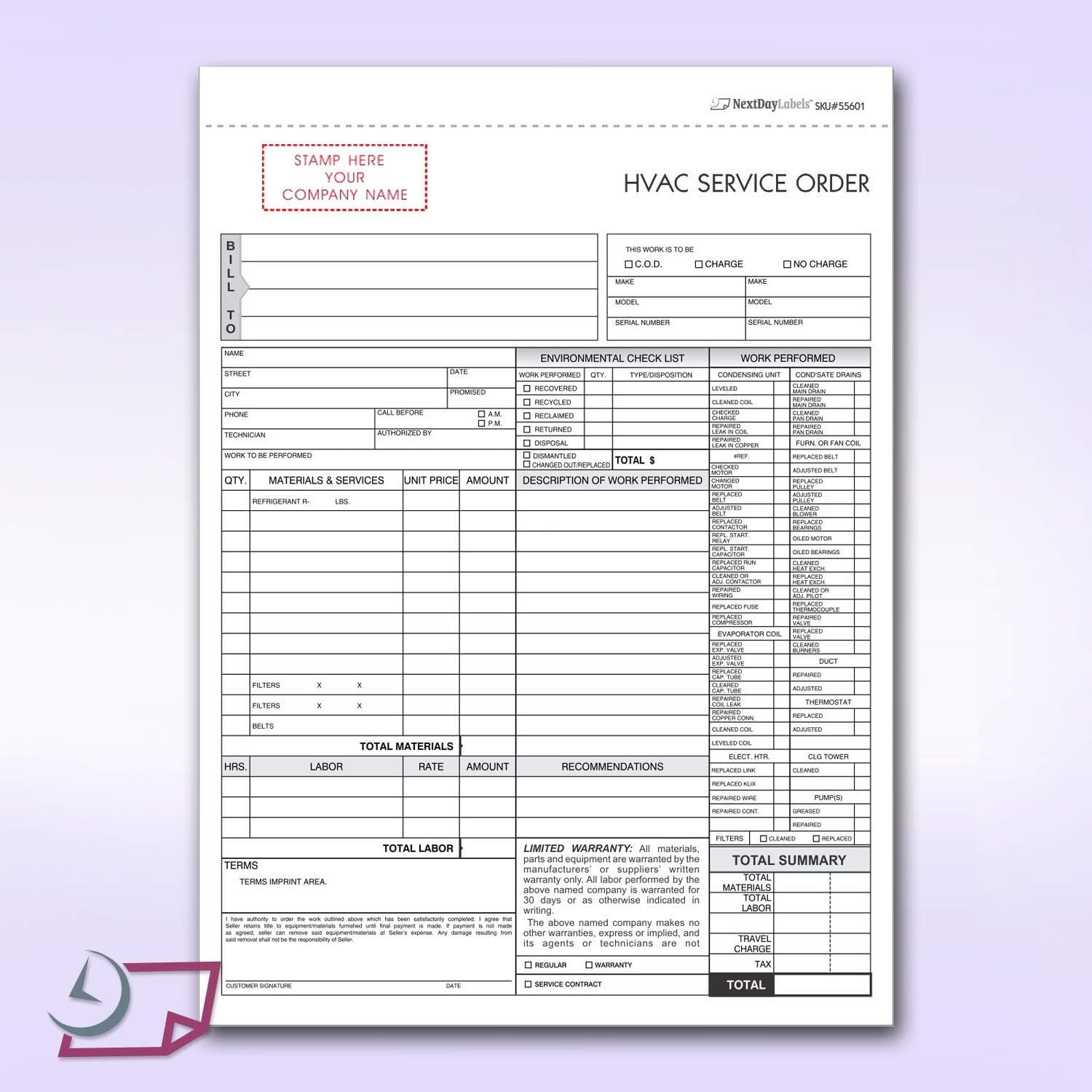 HVAC Service Order Invoice 3-Part Carbonless Forms – 100 Sets, No Company Name
