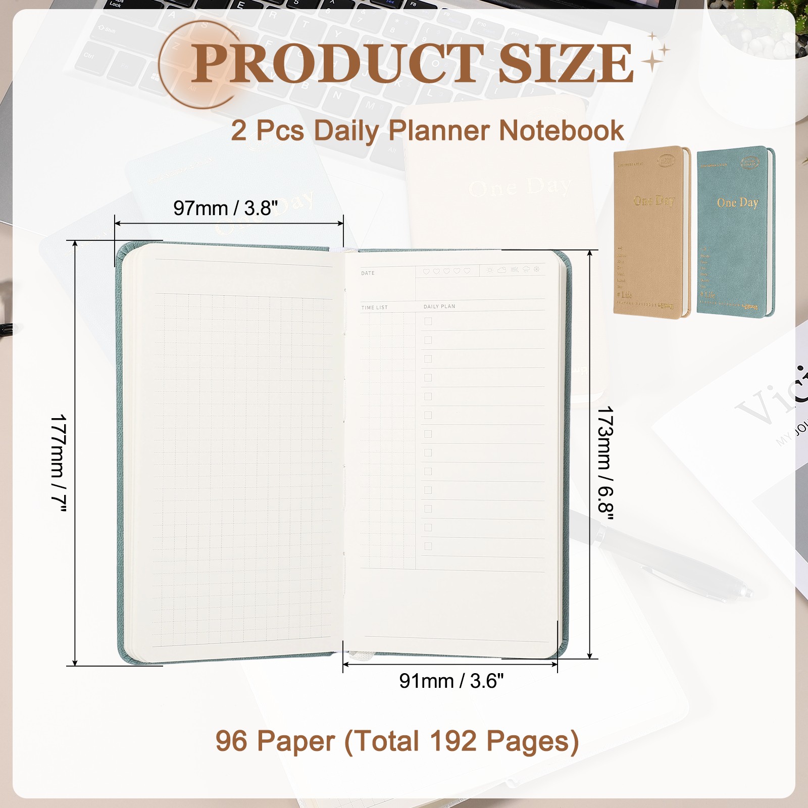 2Pcs Daily Planner Notebook, 7 x 3.8″ to Do Notebook, Green, Brown