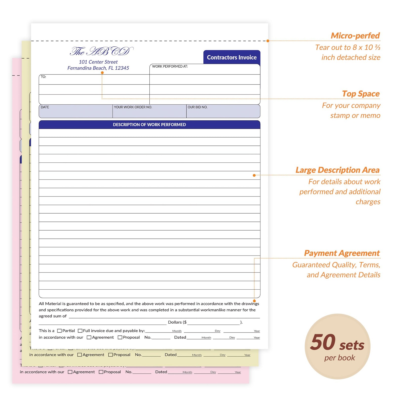 Harfesto Contractor Invoice Book, 3-Part Carbonless, 8×11 inches, Orange