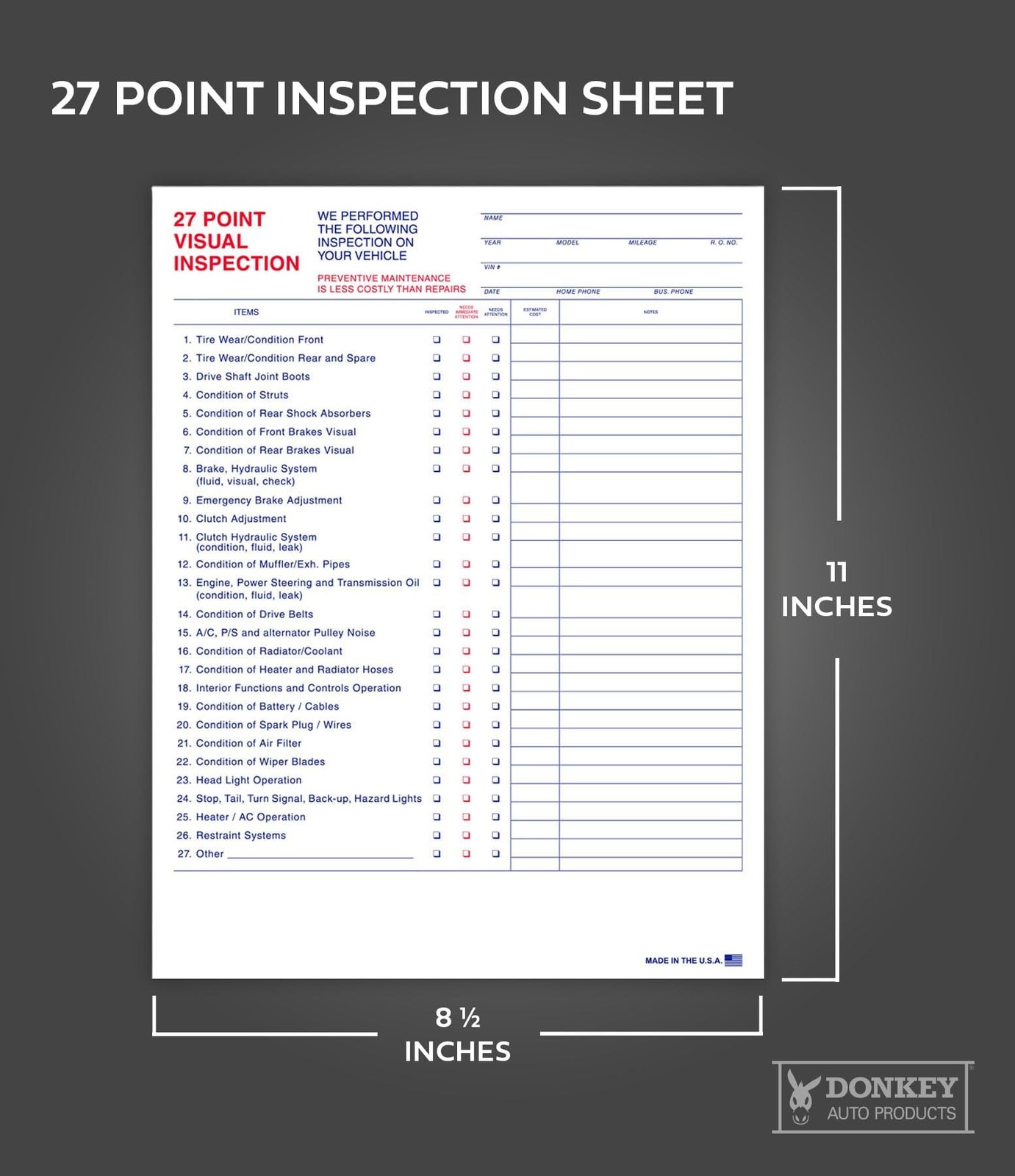 27 Point Inspection Sheet – Vehicle Inspection Form – 100 Pack