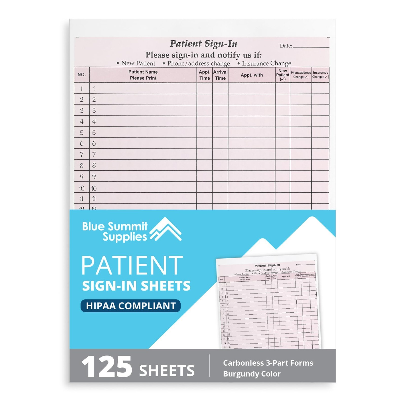125 Patient Sign-In Sheets, Carbonless 3-Part Forms, HIPAA Compliant, Burgundy,