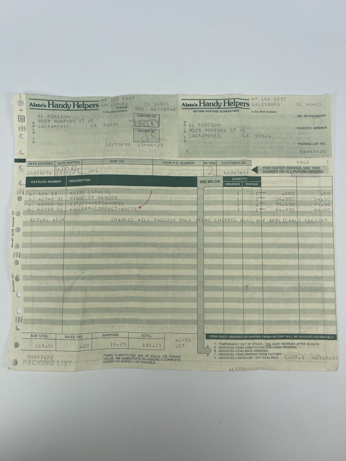 Vintage 1992 Alsto’s Handy Helpers Receipt Paper Manifest Work Order