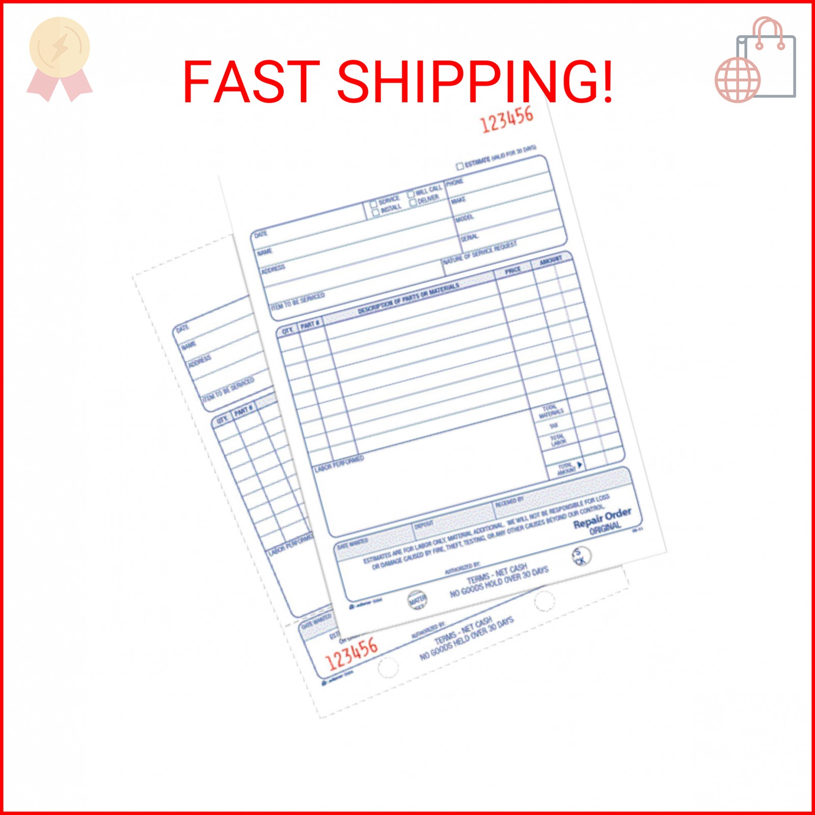 Adams Repair Order Book, Carbonless, 2-Part, White/White, 5-9/16 x 8-7/16 Inches