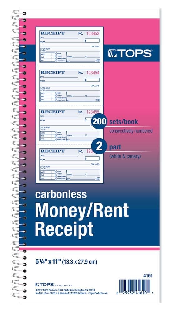Money/Rent Receipt Book, 2Part, Carbonless, 11 x 5.25 Inches, 4 Receipts/page…