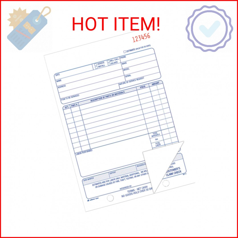 Adams Repair Order Book, Carbonless, 2-Part, White/White, 5-9/16 x 8-7/16 Inches