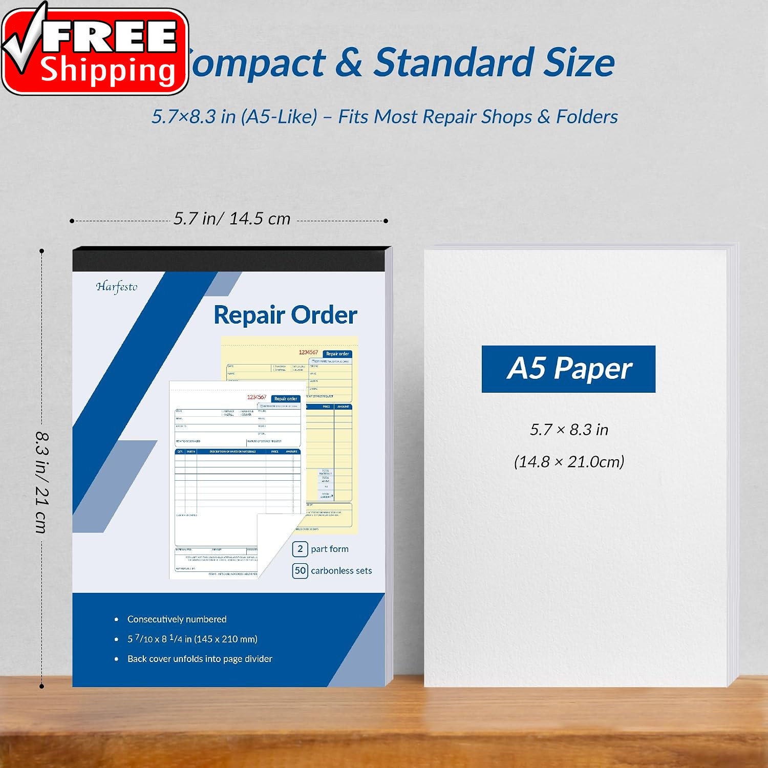 Repair Order Book, 2 Part Carbonless Job Work Order Forms – White/Yellow, 5-7/10