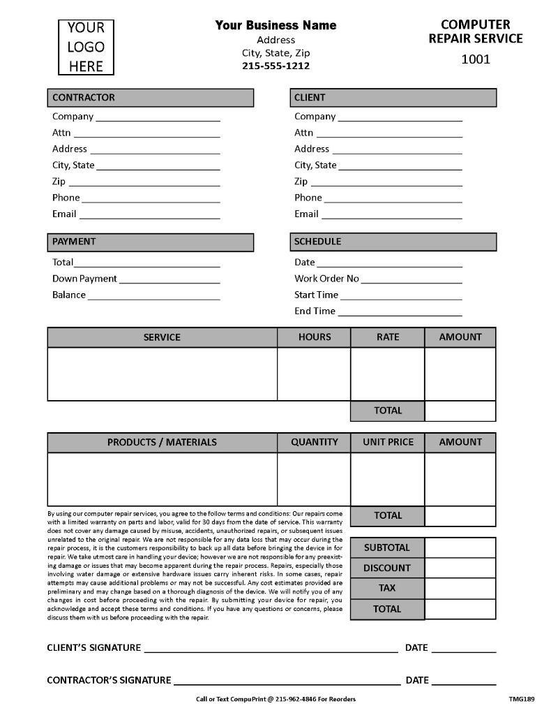 Custom Computer Repair Service Form / 8.5 x 11 / 2 or 3 Part / TMG189