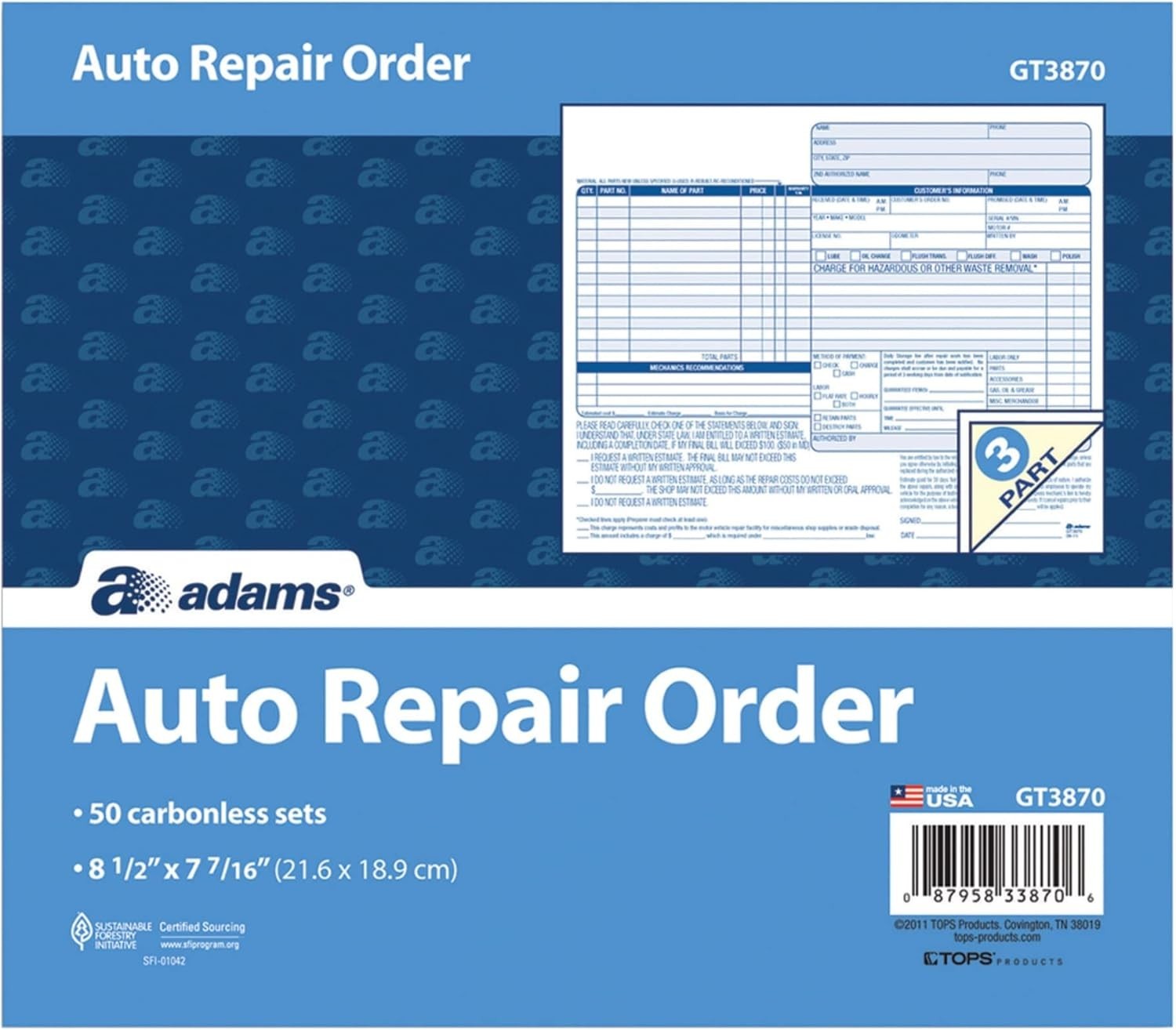 Auto Repair Job Order Forms Carbonless 50 Pack 85 x 7 Inch Multi-Part Auto Shop