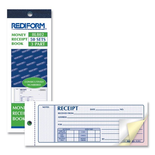 Rediform Receipt Book, Three-Part Carbonless, 4 Forms/Sheet, 50 Forms Total