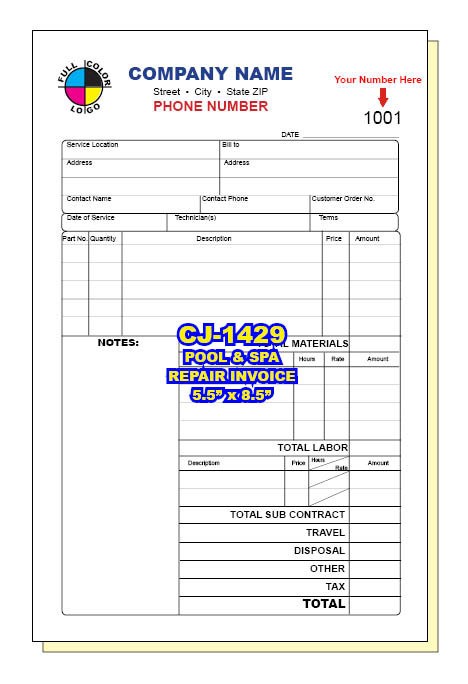 POOL & SPA REPAIR WORK ORDER INVOICE 2, 3 or 4 Part Carbonless CJ-1429