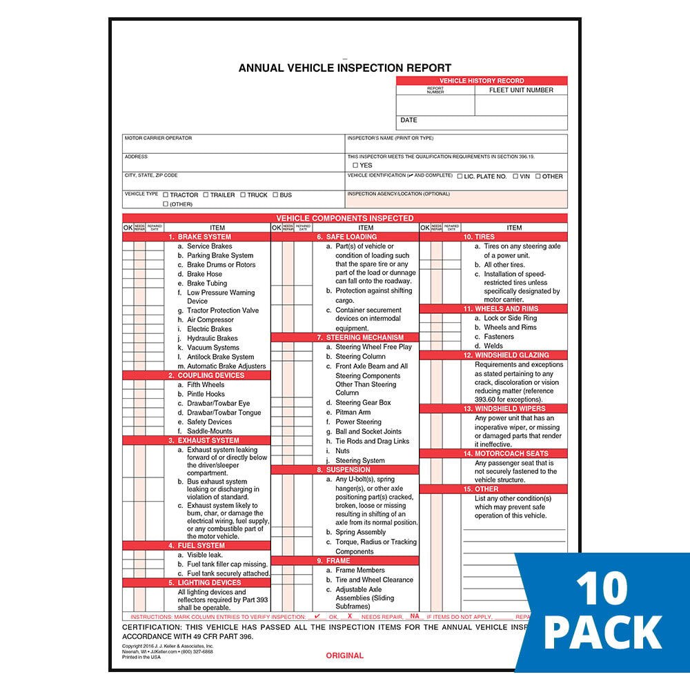 J. J. Keller AVIR Form 10-pk. – Snap-Out Format, 3-Ply, Carbonless, 8.5″ x