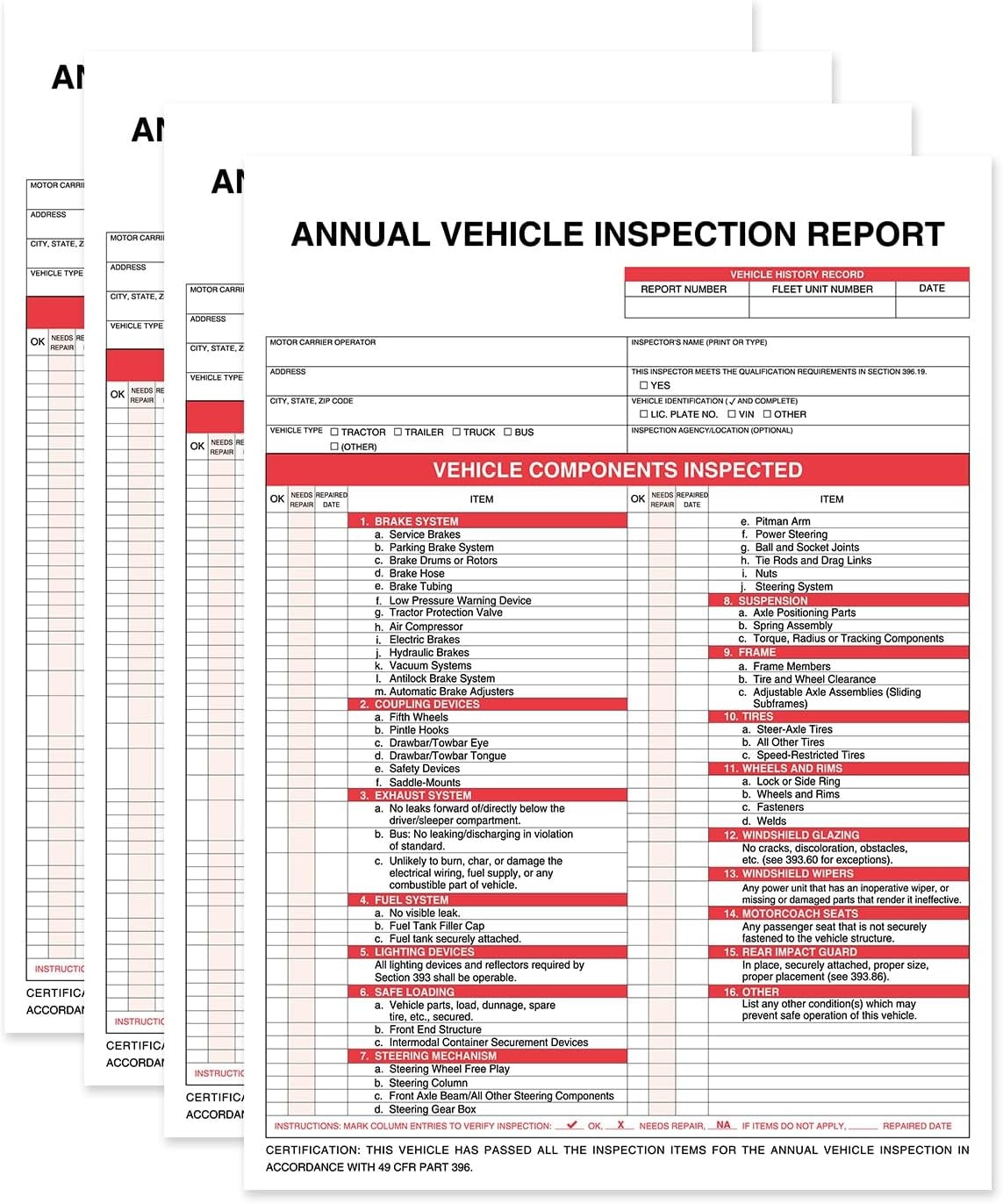 Annual Vehicle Inspection Report Form 25-pk 3-Ply Carbonless, 8.5″ x 11.75″ +…