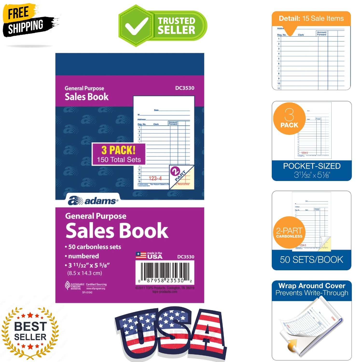 General Purpose Sales Book, 2-Part, Carbonless, White/Canary, 3-11/32 x 5-5/8…