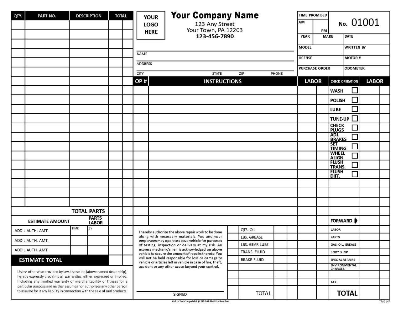 Automotive Work Order Invoice Form / 3 Part Carbonless – 8.5 x 11 – TMG147
