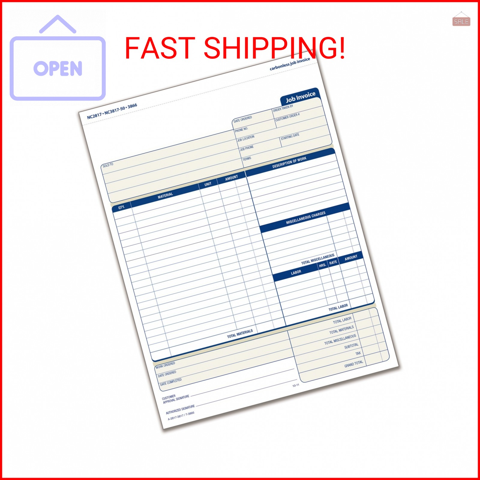 Adams Job Invoice Forms, 2-Part Carbonless, For Service and Repair Billing, 100