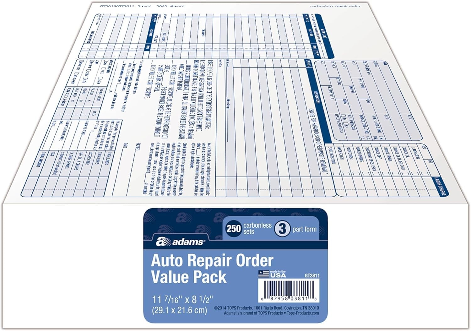 Adams Garage Repair Order Forms, 8.5 x 11 Inch, 3 Parts, 250-Count, White and
