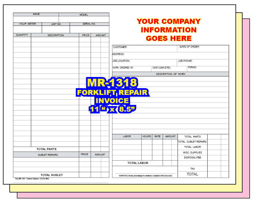 FORKLIFT REPAIR INVOICE CUSTOM PRINTED 2 or 3 Part Carbonless