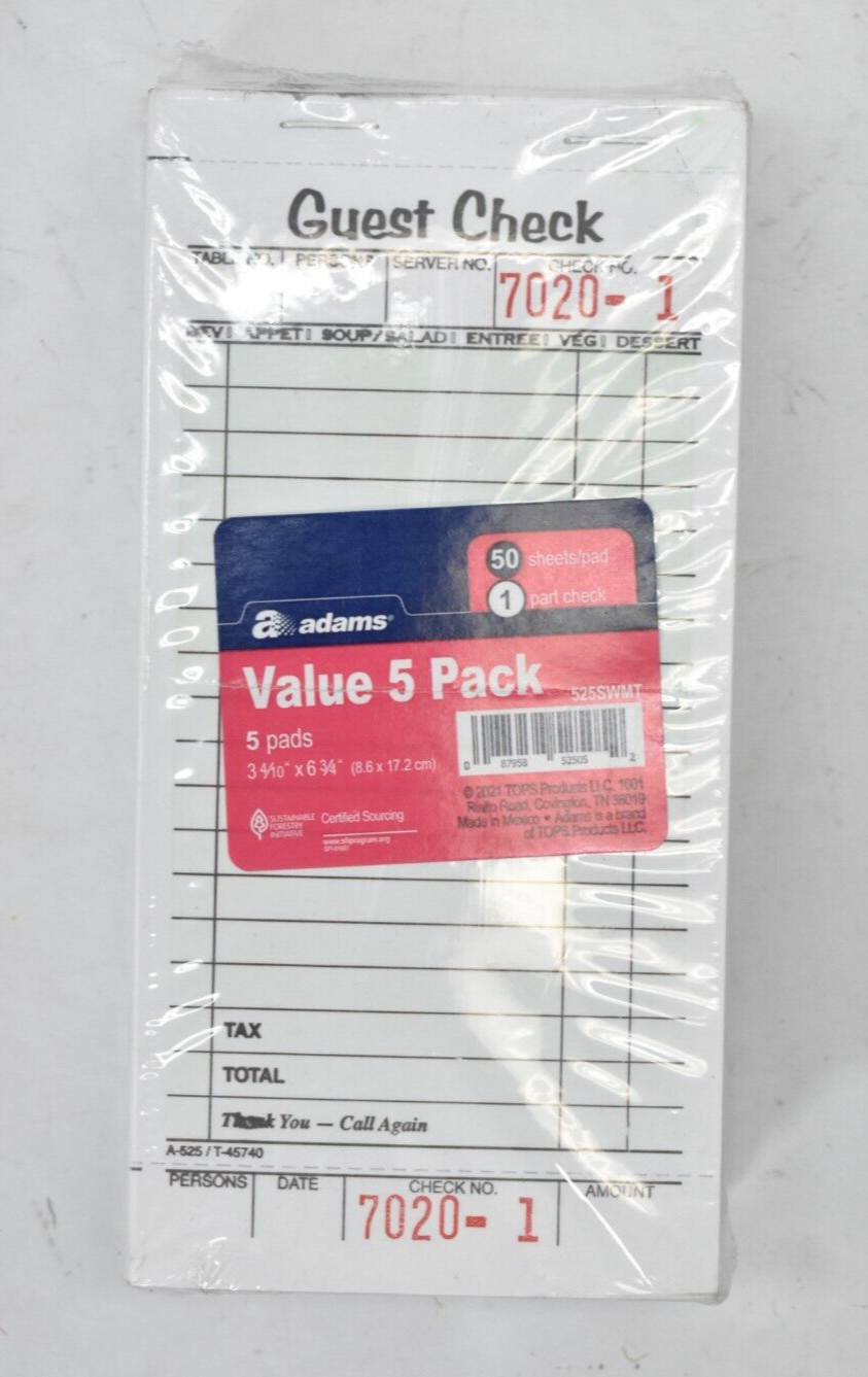 Adams 5 Pack Guest Check Sheets Perforated White 3-2/5″ x 6-3/4″ 525SWMT