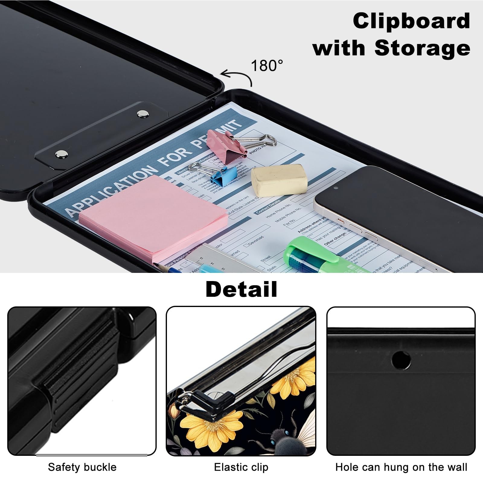 Clipboard with Storage,Plastic Storage A, Bee and Flowers